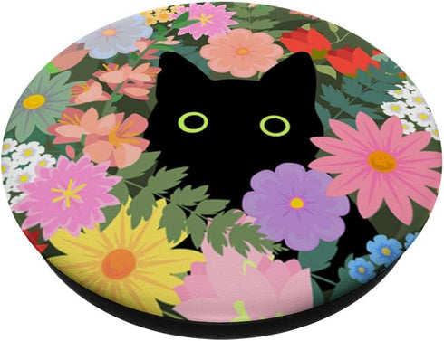 Black Cat Hiding in Spring Flowers PopSockets Grip and Stand for Phones and Tablets