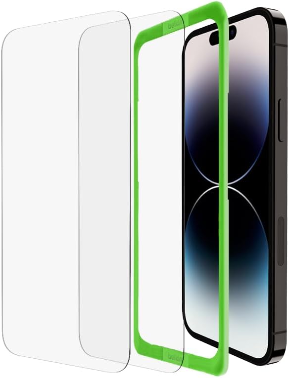 Belkin iPhone 14 Pro Tempered Glass Screen Protector (2-pack) - 9H Hardness, Easy Alignment Guide, Case Compatible.