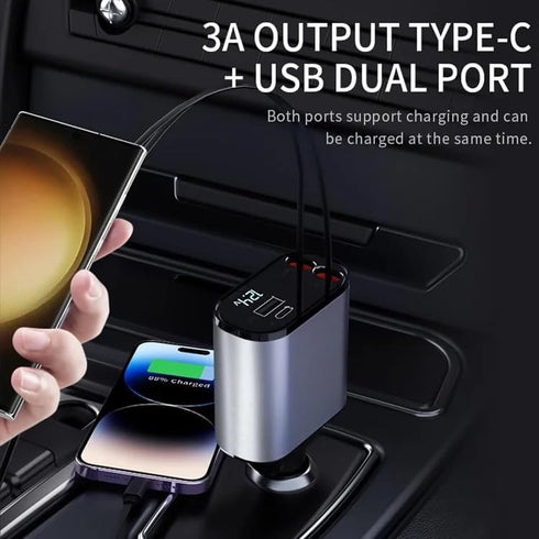 Super Premium Retractable Car Charger, 120W 4 in 1 Fast Charger for iPhone 15/14/13/12 with Retractable Cables