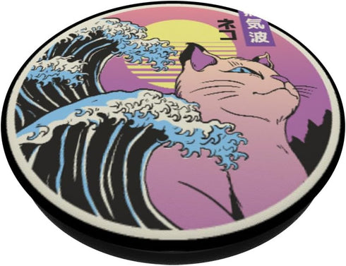 Japanese Vaporwave Japan Style Cat. Great Wave of Kanagawa PopSockets Standard PopGrip