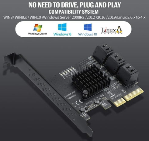 SATA 6 Port Card with 6 SATA Cables, PCI Express 4X SATA Controller, Supports WIN/10/8/7/XP/LINUX