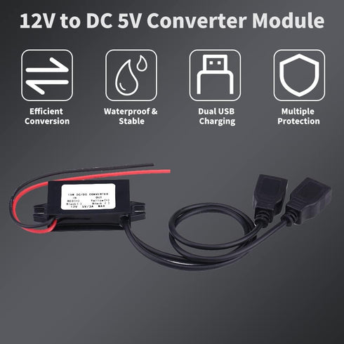 Keenso Waterproof DC Converter 3A, DC 12V to DC 5V Dual USB Adapter Module for Car Motorcycle