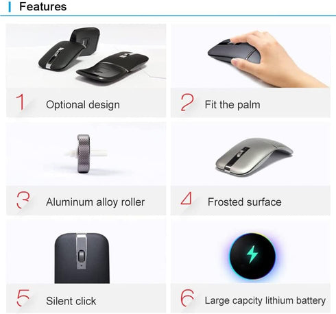 Foldable Arc Wireless Mouse, Silent Click Bluetooth 2.4GHz Dual Modes, Portable Curved Mouse for Home, Office, Travel