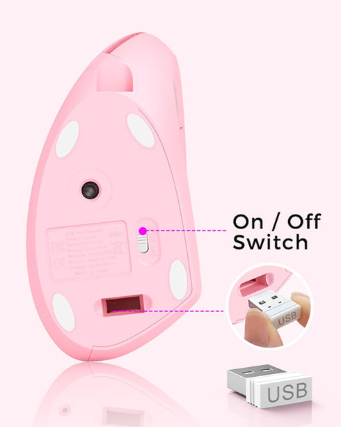 Lekvey Pink Ergonomic Vertical Wireless Mouse, Rechargeable 2.4 GHz USB Optical, 800/1200/1600 DPI, 6 Buttons
