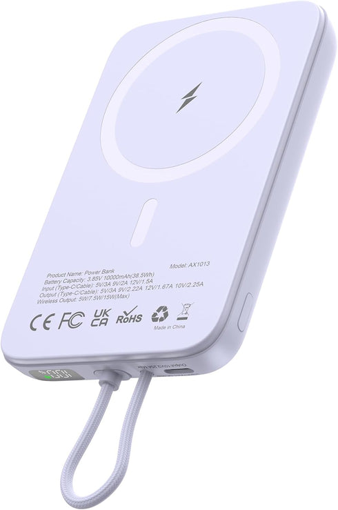AsperX Magnetic Power Bank, 10000mAh Magnetic Portable Charger with USB-C Cable and Smart