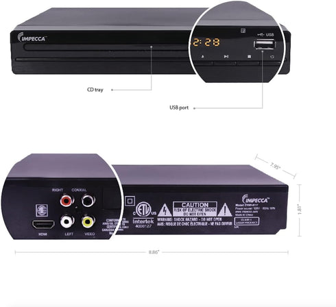 Impecca MP3 1080P, 2.0 100-240V DVHP9117 DVD Player for TV Multi-Region HDMI, RCA AV Cable, USB, CD Playback