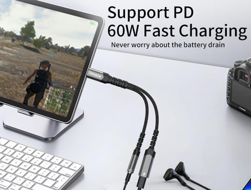 2 in 1 USB C to 3.5mm Headphone & Charger Adapter, PD 60W Fast Charging, Type C to Aux Audio Jack