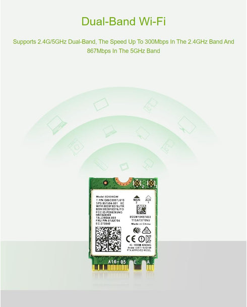 Wireless-AC8265 Dual Mode NIC Module for Jetson Nano Developer Kit, M.2 NGFF, Support 2.4GHz / 5GHz, 300Mbps / 867Mbps