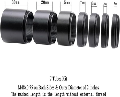 Telescope M48-2 Inches Extension Tube Kit for SLR Cameras, Length 5mm to 30mm, M48x0.75 on Both Sides