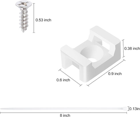 100 Pcs Cable Zip Tie Saddle Type Mounts with 8" Cable Ties and Tapping Screw, White
