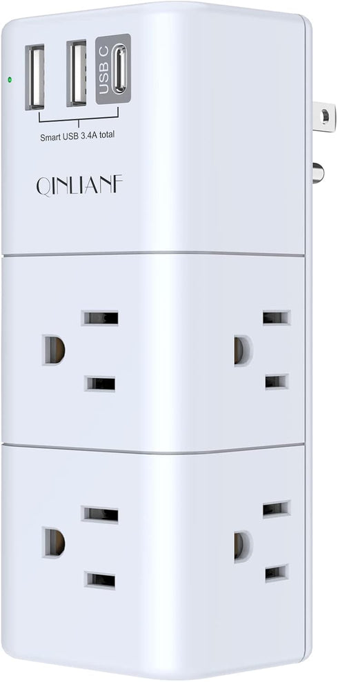 QINLIANF USB Outlet Extender Surge Protector, Multi Plug Power Strip with 3 USB Ports