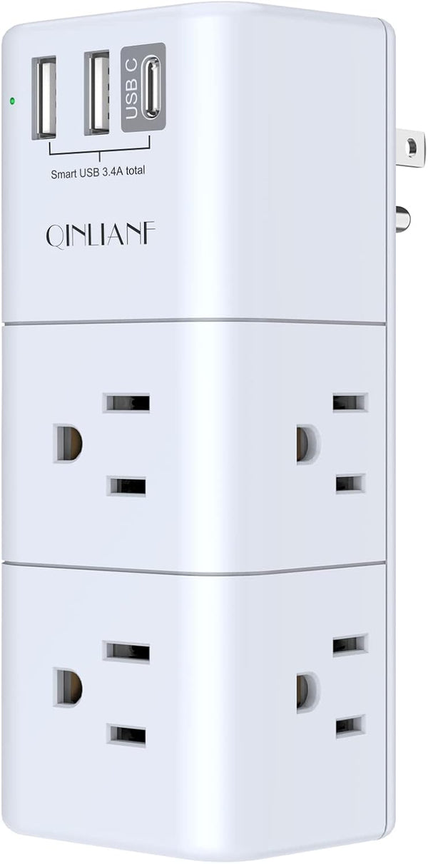 QINLIANF USB Outlet Extender Surge Protector, Multi Plug Power Strip with 3 USB Ports