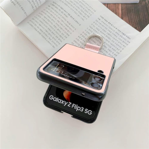 Lunivop Ultra Slim Case for Samsung Galaxy Z Flip 3 5G, Hard Plastic PU Leather Shockproof Cover with Metal Ring - Pink