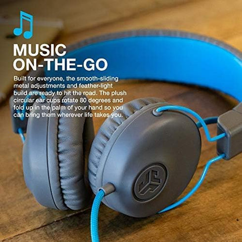 JLab Studio On-Ear Headphones, Wired, Gray/Blue, Ultra-Plush Faux Leather, 40mm Neodymium Drivers, Tangle-Free Cord.