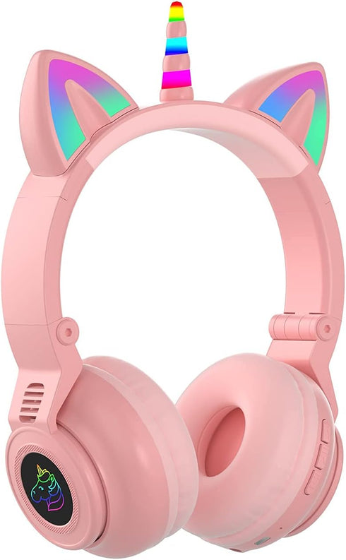 Unicorn Kids Headphones for Girls, Foldable Bluetooth Headphones for Toddlers, Light Up Wireless Headphones, Birthday