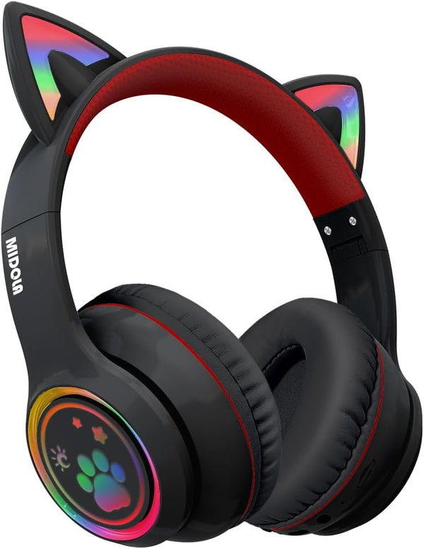 Cat Ear Wireless Headphones, Bluetooth 5.3, 60H Over Ear, 8H with LED Light, Foldable Music Gaming Headset with Aux Mic