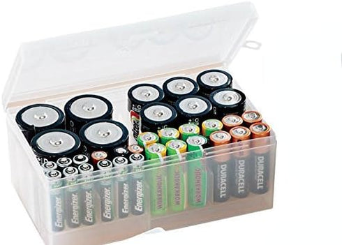 Dial Industries B331FN Battery Organizer Case for 12 AAA, 12 AA, 6 C, and 4 D Batteries, Clear
