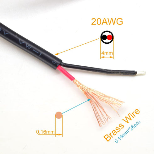 20AWG USB Pigtail Cable 2M/6.5FT, 2PCS USB 2.0 Male Plug, 5V 5A Black Wire with 2-Position Spring Connector.