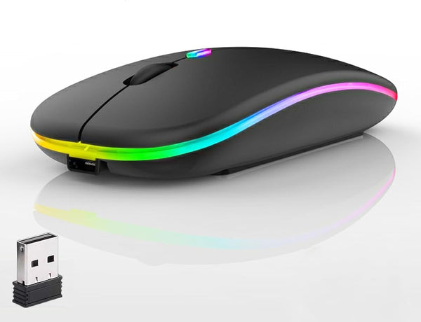 LED Wireless Mouse, Slim Silent Dual-Mode 2.4G+BT Rechargeable 7-Color Optical Mouse with USB Receiver, 3 Adjustable