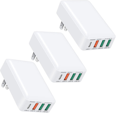 Flat USB C Charger, OKRAY 3-Pack 40W 4-Port Fast Charging Blocks, Foldable Wall Plug QC/PD3.0 Type C Phone Charger