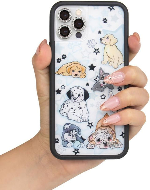 Wildflower Cases Puppy Party Case for Apple iPhone 13 Pro | Trendy Blue, Dogs, White, Protective Black Bumper, 4ft Drop