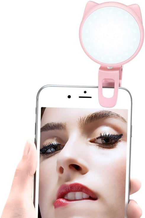 OURRY Mini Rechargeable Selfie Clip on Ring Light, 9 Level Adjustable Brightness, 32 LED, USB Flash Lighting - Pink