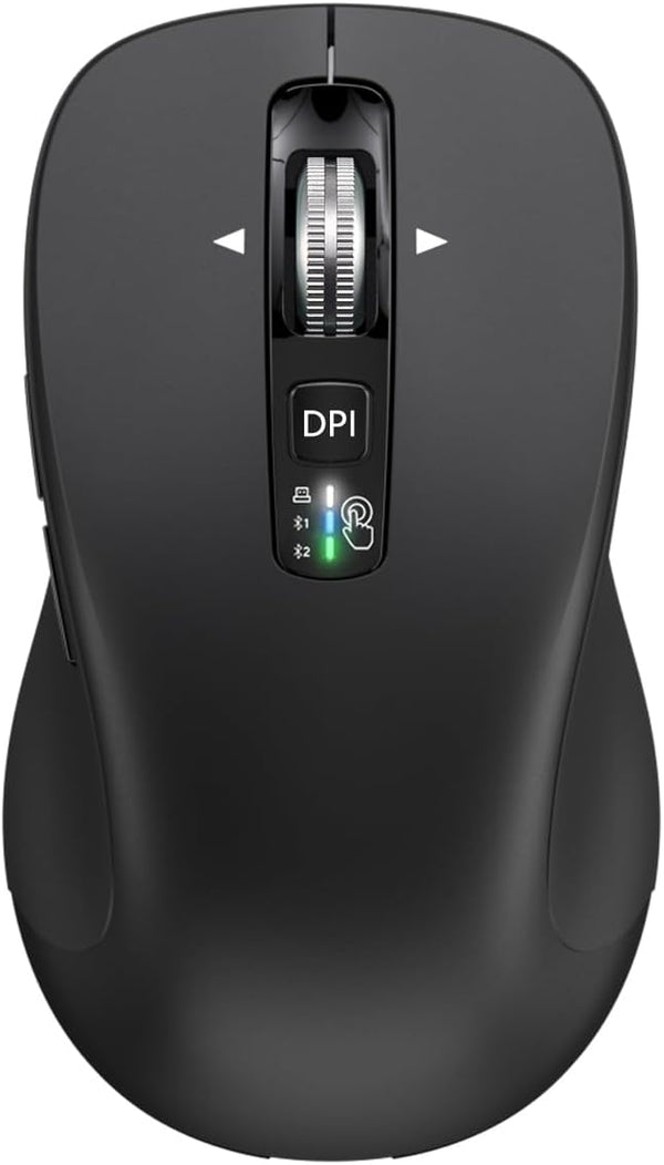 Wireless Bluetooth Mouse (USB + BT1 + BT2), Full Size, Multi-Device Silent Mouse for Computer, Laptop, iPad (Black)
