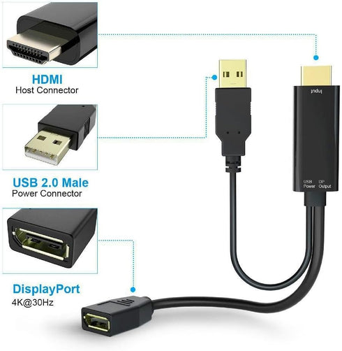 HDMI to DP Cable Converter Adapter, USB Power 4K for PC Laptop HDMI Male to DP Female Adapter