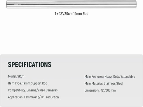 NEEWER 12"/300mm Heavy Duty Stainless Steel Support Rod for Professional Filmmaking, Video Camera, Cinema Camera