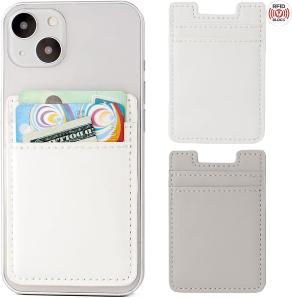 2Pack Leather Phone Wallet, Adhesive Stick On Card Holder for Back of Phone Case iPhone and Android - White, Grey