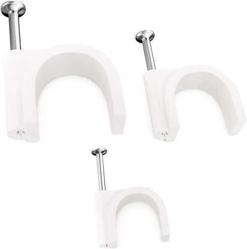Pro-Grade Cable Clips with Steel Nails, 5mm, 7mm, 9mm Wire Holders, 100 Per Size, UV Resistant Plastic