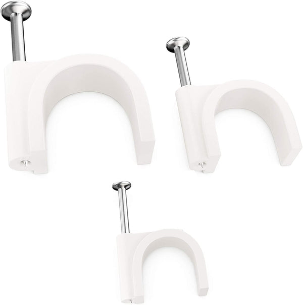Pro-Grade Cable Clips with Steel Nails, 5mm, 7mm, 9mm Wire Holders, 100 Per Size, UV Resistant Plastic