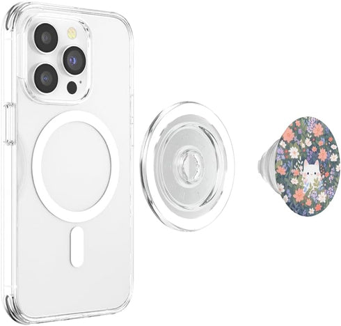 Cute White Cat in Spring Flowers, Botanical Floral PopSockets PopGrip for MagSafe