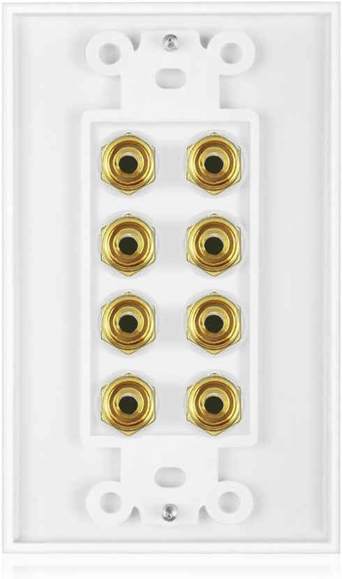 Banana Binding Post Two-Piece Coupler Inset Wall Plate for 4 Speakers, Standard Single Gang White