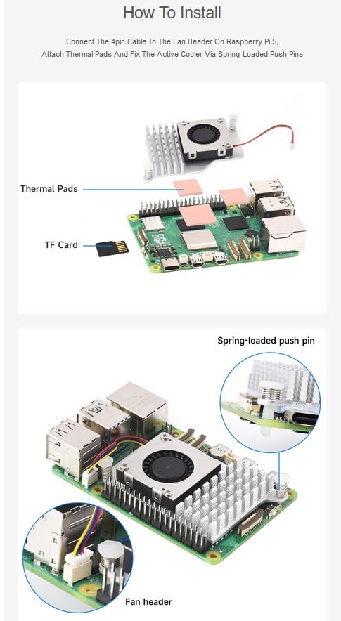 Active Cooler for Raspberry Pi 5, Temperature-Controlled Blower Fan with Aluminum Heatsink and Thermal Pad (No Pi