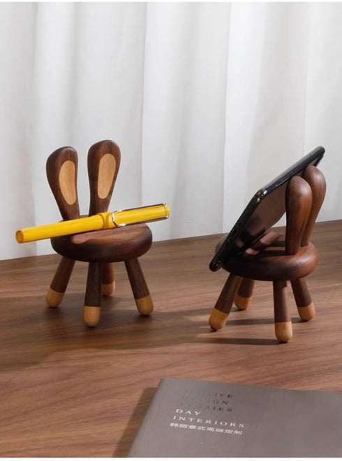 Yienning Cute Walnut Chair Cellphone Holder Stand Mini Chair Shape Phone Holder Rabbit Ears Phone Stand Desk Ornament