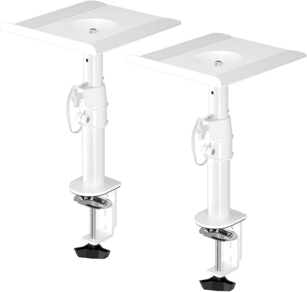 suptek Clamp-on Speaker Stand Desk Mount Set, Height Adjustable, Tilt, Swivel, 2 Pack, Universal Audio Holders, White