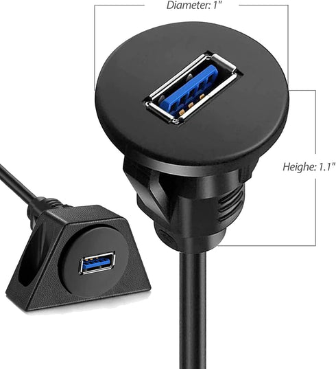 Small USB 3.0 Male to Female AUX Flush Panel Mount Extension Cable for Car, Truck, Boat, Motorcycle (3ft)