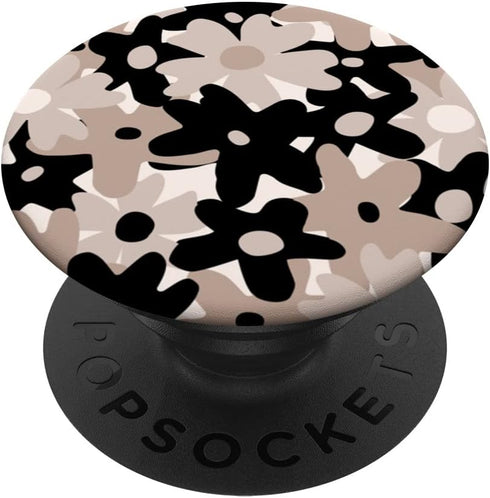 Black Beige Floral Retro Modern Boho Bohemian Flower Pattern PopSockets Swappable PopGrip