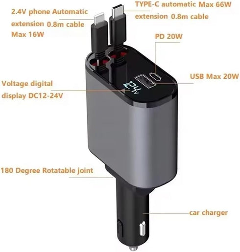 Retractable Car Charger, 4 in 1 Fast Charge Car Phone Charger Adapter 100W, Retractable Cables(2.6ft) for iPhone & Type-C, Cigarette Lighter Adapter for iPhone15/14/13 Pro Max, Galaxy, Pixel
