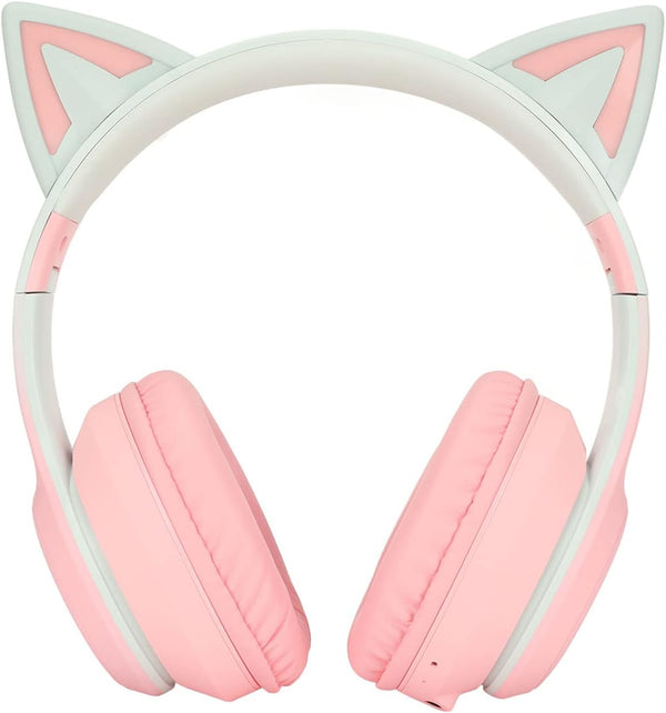 KUIDAMOS Cat Ear Headphones with Detachable Microphone, 7 Colors LED Lights, Foldable Over Ear Headphones, BT and Wired