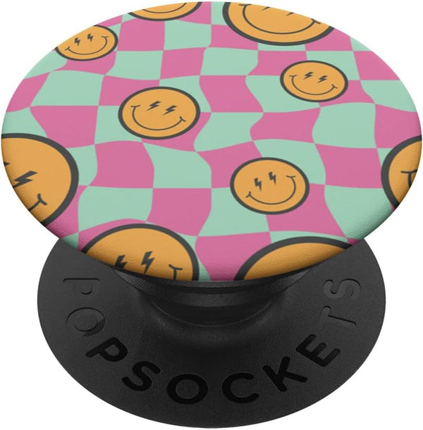 Retro Pink Yellow Twisted Swirl Happy Smiling Face Checkered PopSockets Swappable PopGrip