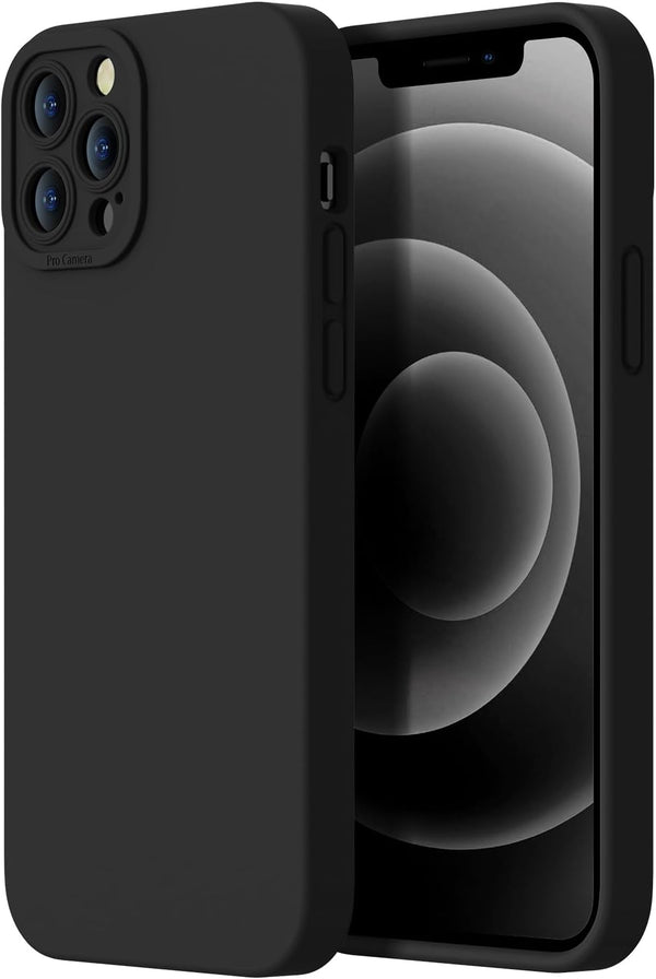 iPhone 12 Pro Case - Black Liquid Silicone Shockproof, Enhanced Camera Protection, Soft Microfiber Lining, 6.1" for All.