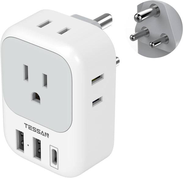 TESSAN India Power Adapter with 4 American Outlets, 3 USB Charger (1 USB C Port), Type D Travel Adaptor for USA