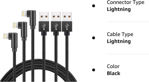 Hi-Mobiler 3FT Fast Charging Cable, Right Angle, 3-Pack, Nylon Braided, Compatible with iPhone 13/12/11/Pro/Xs
