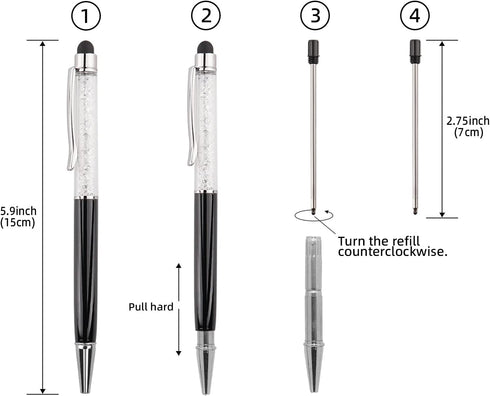 YOUMI 3 pcs 2 in 1 Bling Ballpoint Pens, Crystal Diamond Pen Capacitive Touch Screen Stylus for iPhone iPad (Black)