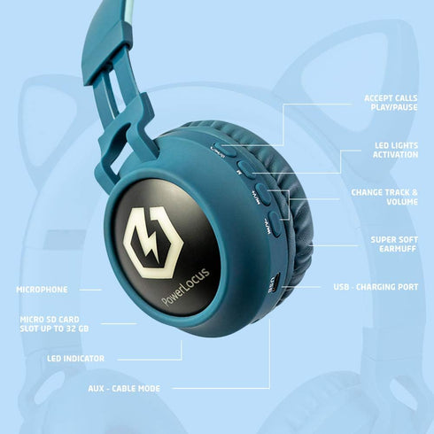 PowerLocus Bluetooth Headphones for Kids, Wireless Over Ear, LED, Foldable Headset with Mic, Volume Limited, Tablets,