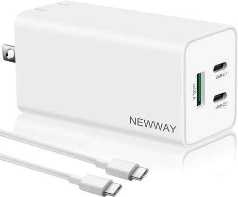 NewWay 65W 3 Port PD QC 3.0 USB-C Fast Charger - Foldable USB-C Wall Charger for Laptops, Smartphones, and iPhone 15