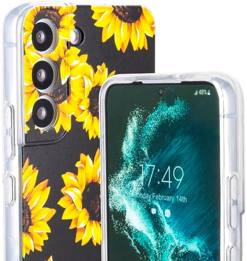 Galaxy S22 Case, Black Sunflower Pattern Cute Floral Soft TPU Back Cover for Samsung Galaxy S22 6.1 Inch