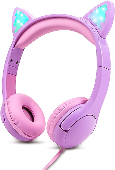 Kids Headphones, Light Up Cat Ear On-Ear Headphones for iPad Fire Tablet Kindle, Safe 85db Volume Control - Purple/Pink